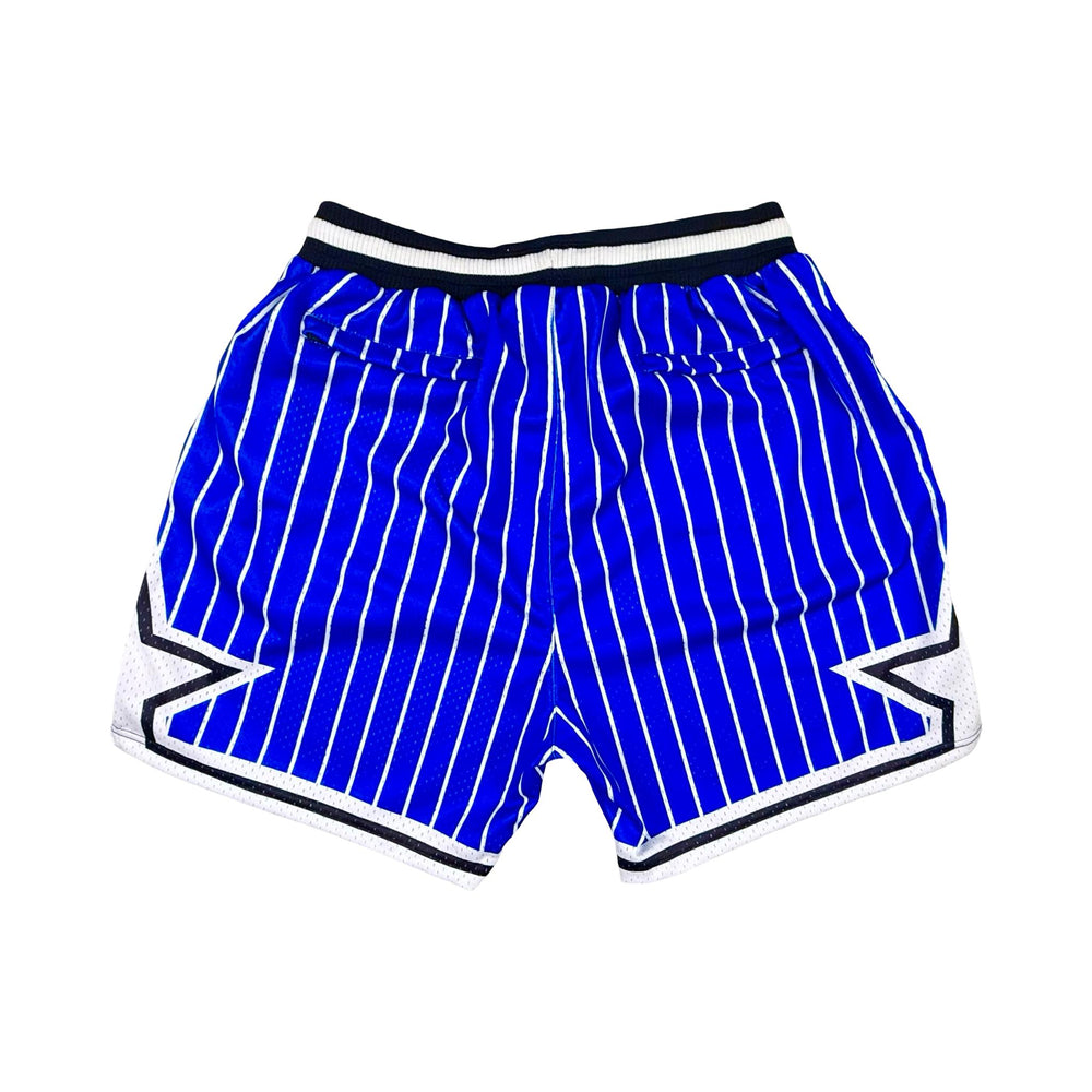Back side of Blue Pro style heavy duty white pinstripe mesh basketball shorts with rear zipper pockets on a white background
