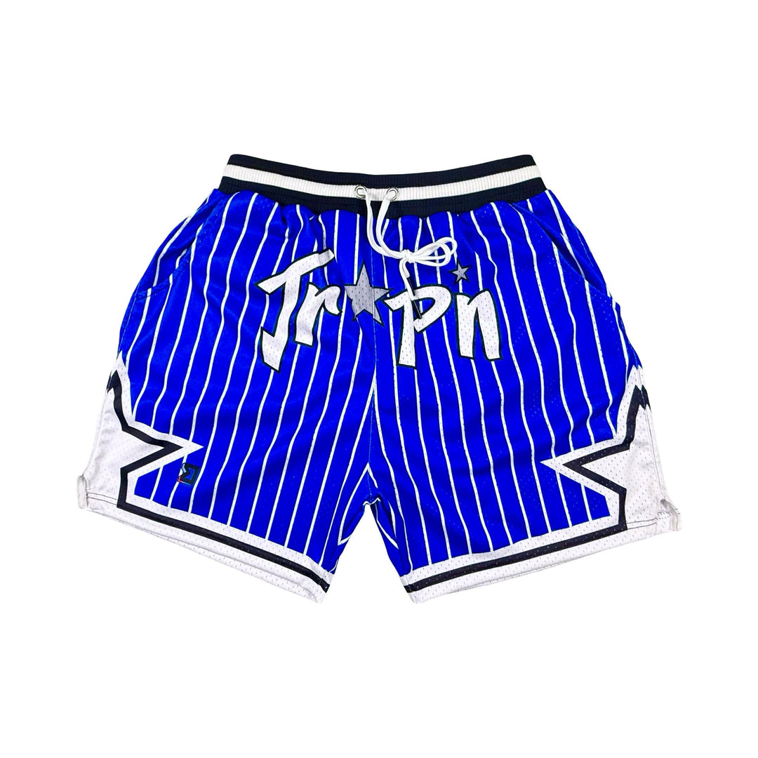 Blue Pro style heavy duty white pinstripe mesh basketball shorts on a white background