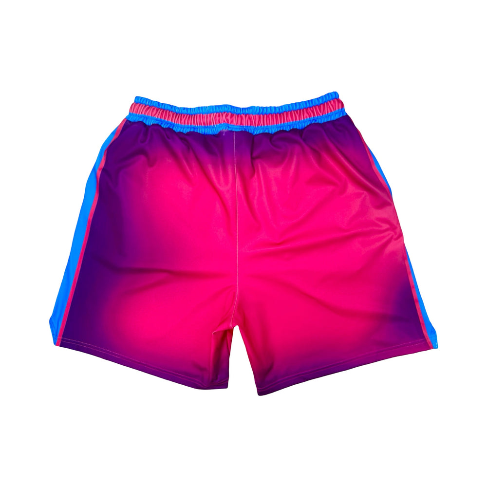Pink and blue shorts on a white background
