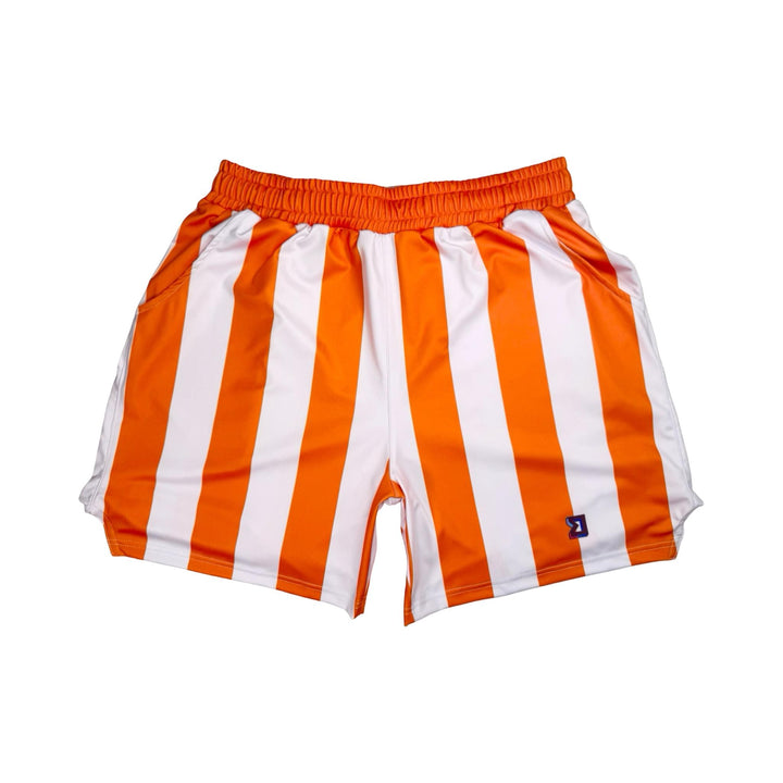Orange and white striped shorts on a white background
