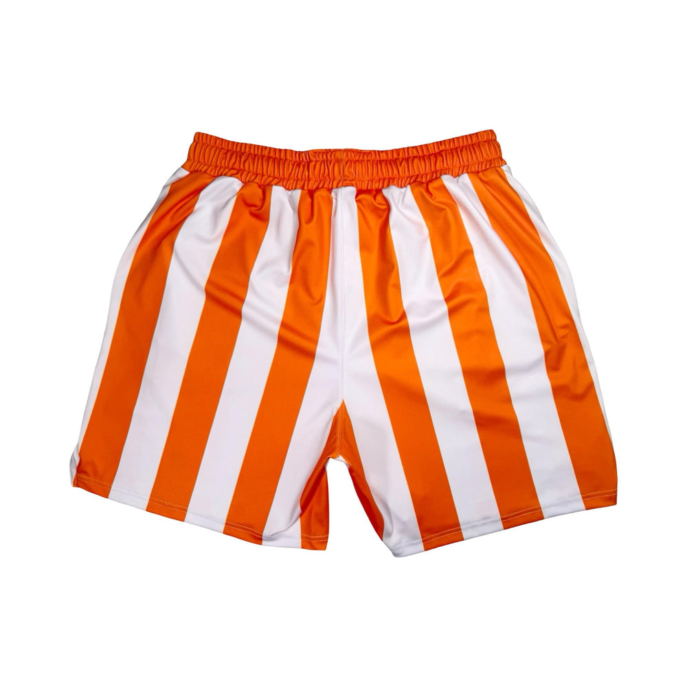 Orange and white striped shorts on a white background