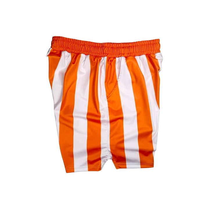 Orange and white striped shorts on a white background