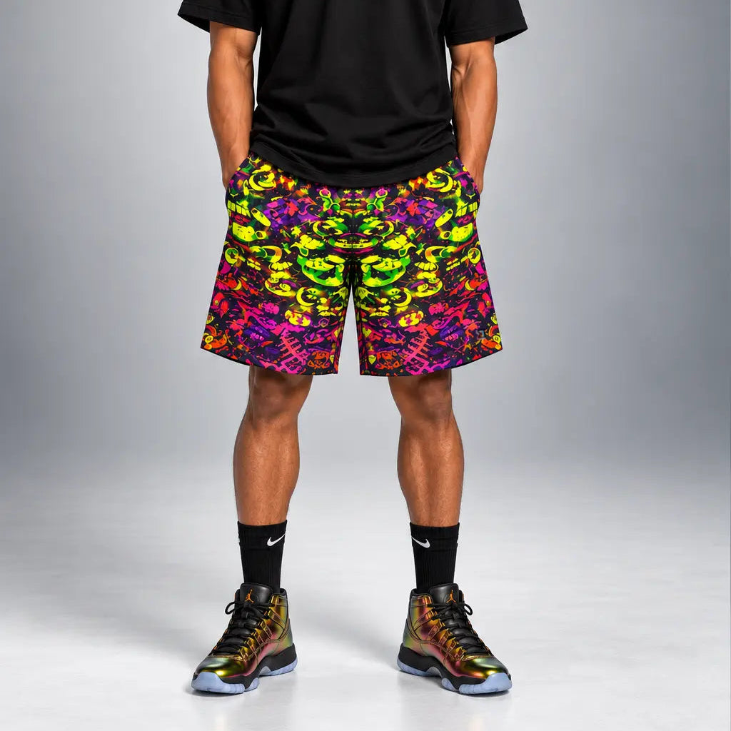 A man modeling a black t-shirt and vibrant multicolor patterned athletic shorts, paired with black Nike socks and colorful sneakers, against a gray studio background.