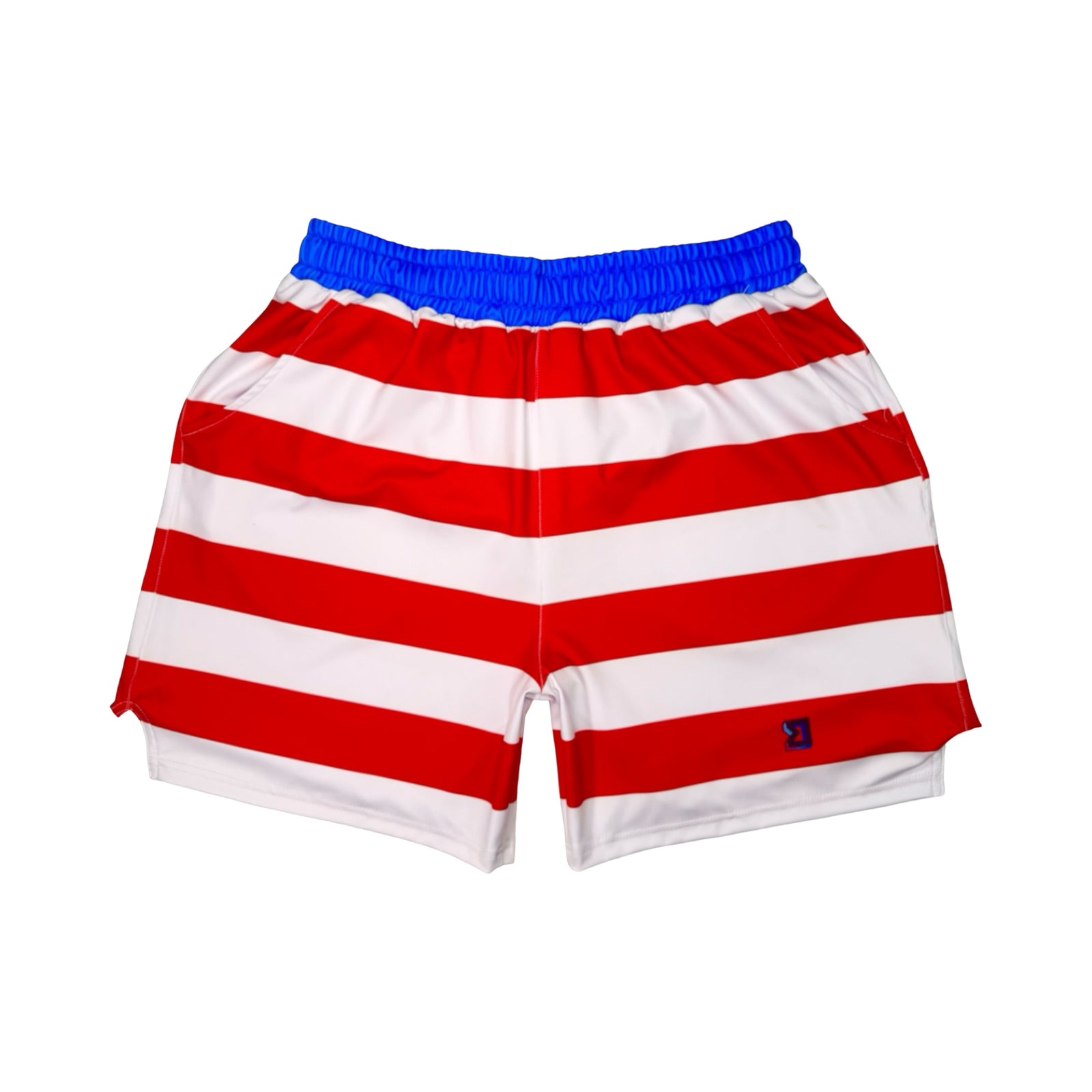 Red and white striped shorts with blue waistband on a white background