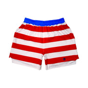 Red and white striped shorts with blue waistband on a white background