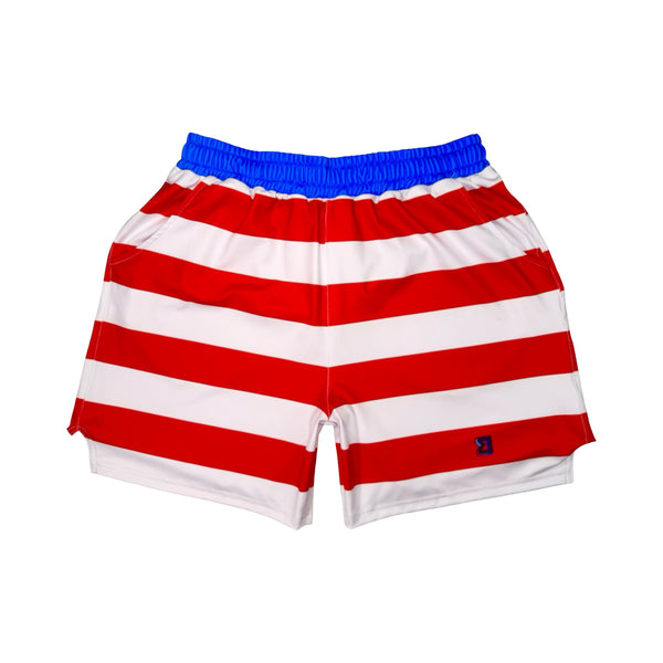 Red and white striped shorts with blue waistband on a white background