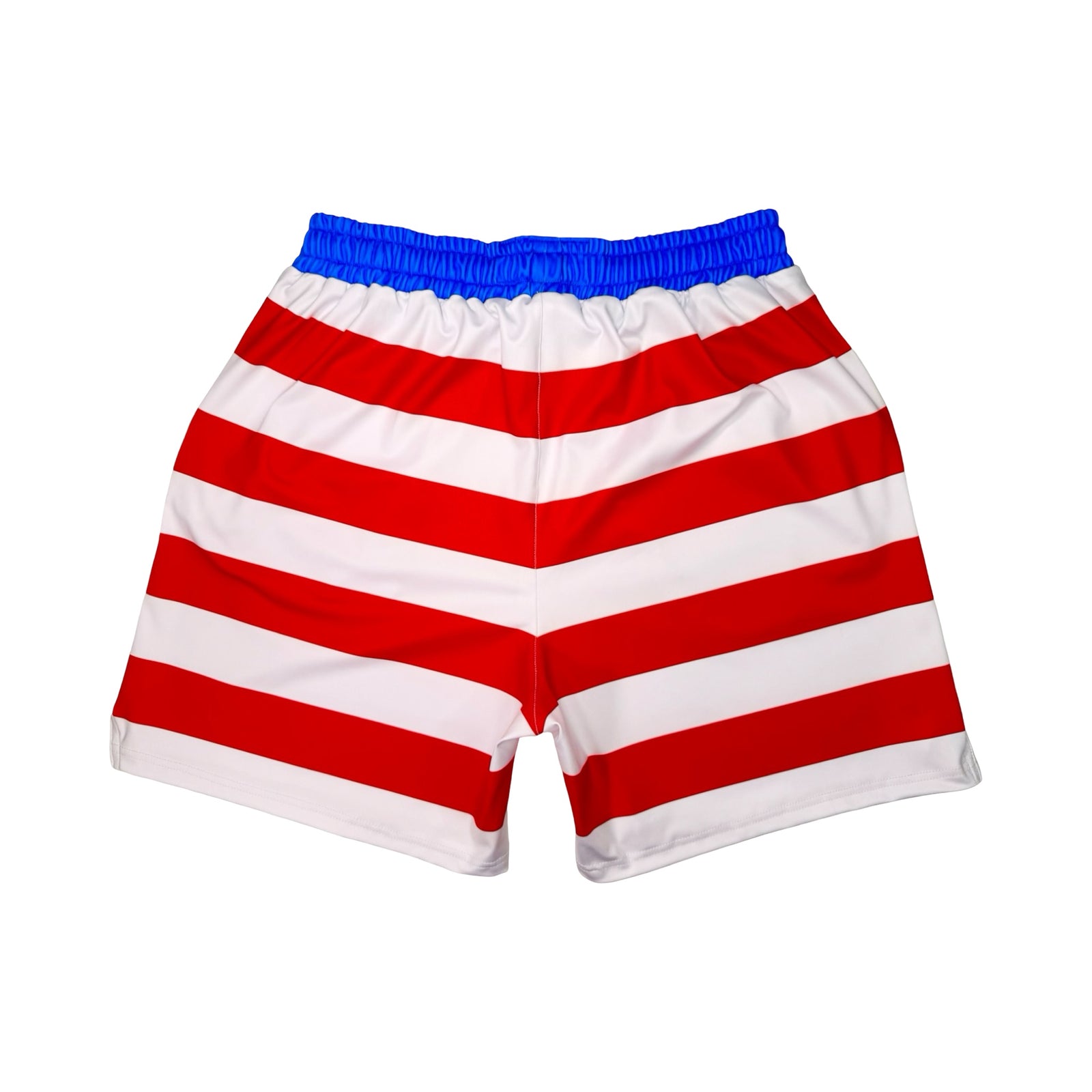 Back view of Red and white striped shorts with blue waistband on a white background
