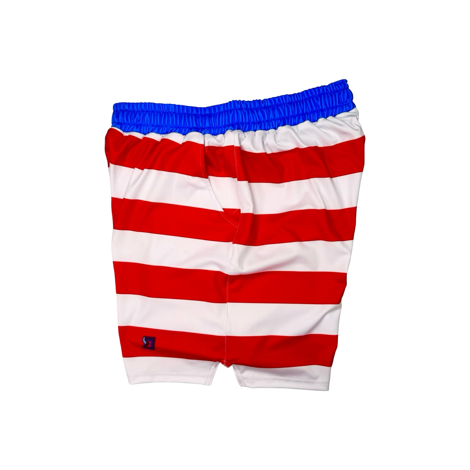 Side view of Red and white striped shorts with blue waistband on a white background