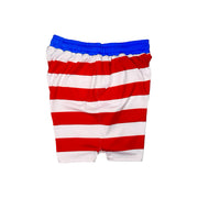 Other side view of Red and white striped shorts with blue waistband on a white background