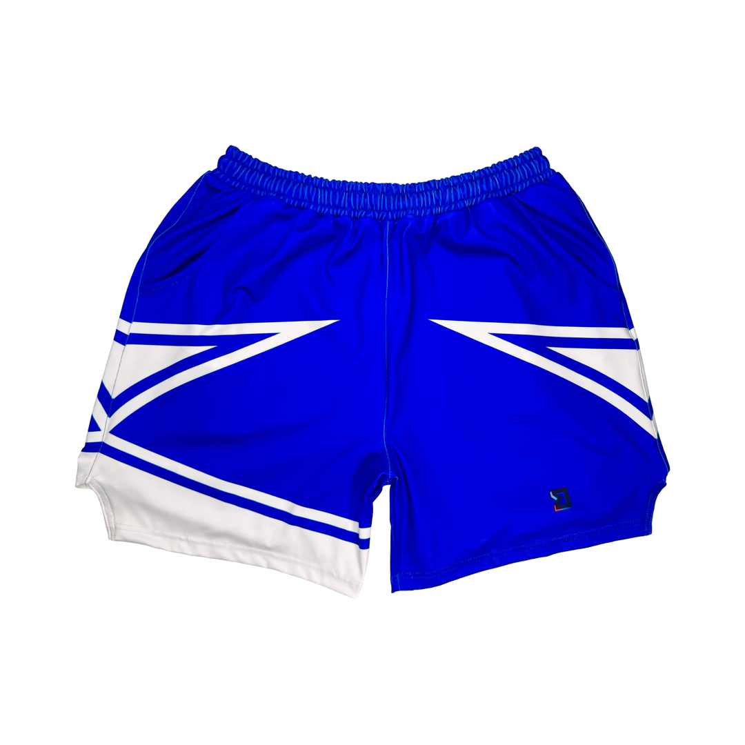 Blue and white shorts with a striped pattern on a white background