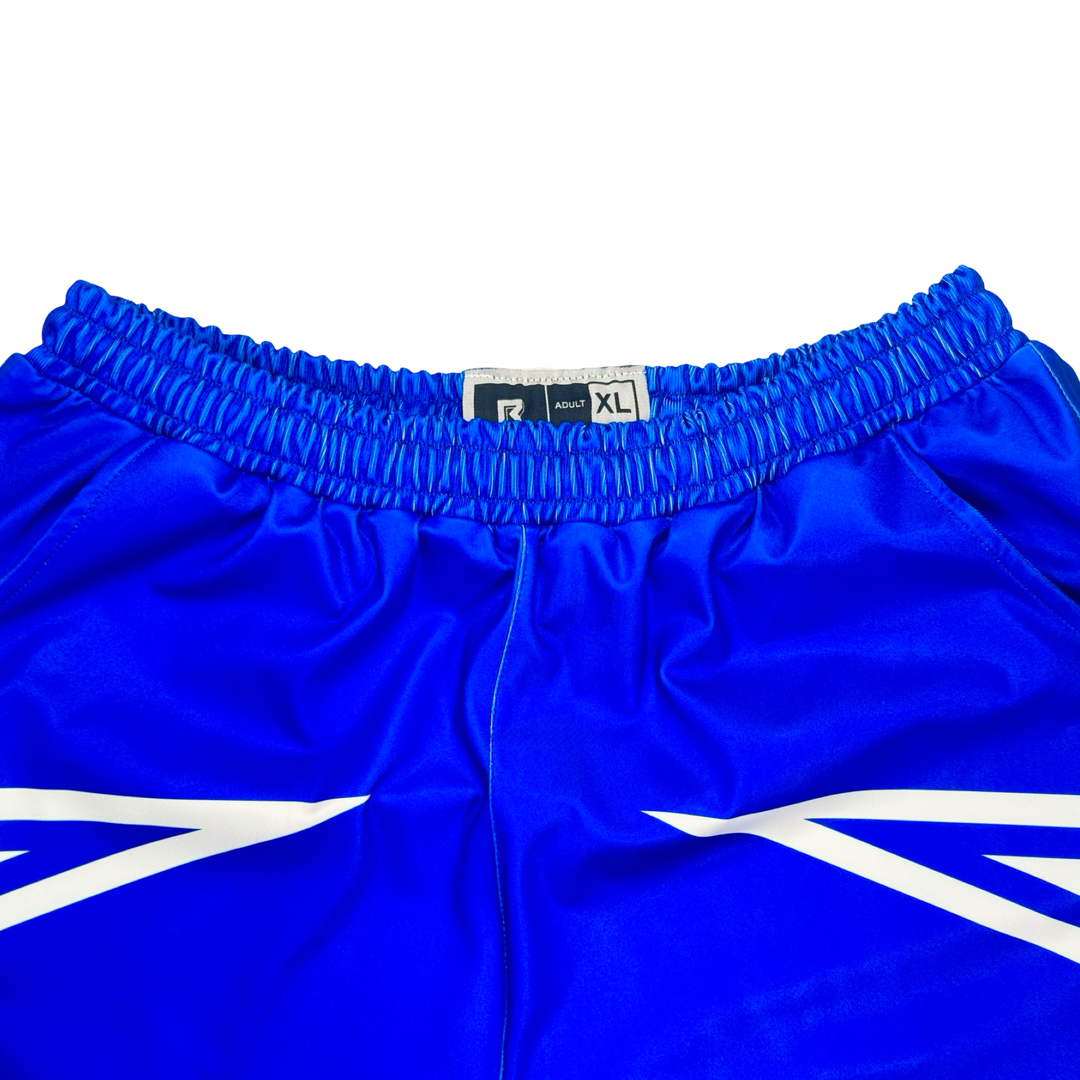 Blue shorts with a brand logo on a white background