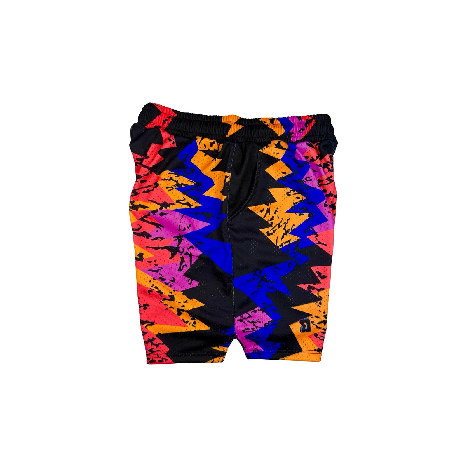 Colorful geometric patterned shorts on a white background