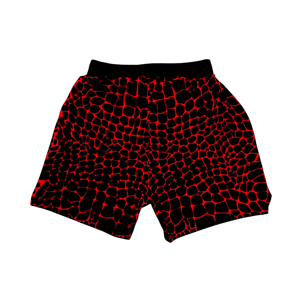 Red and black gator/zombie patterned shorts on a white background