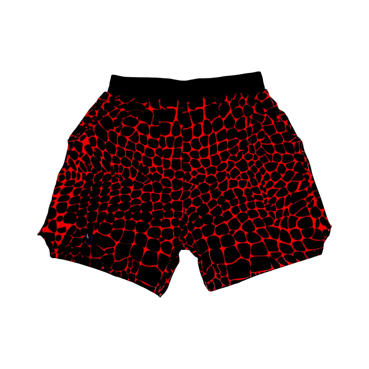 Red and black gator/zombie patterned shorts on a white background