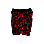 Red and black gator/zombie patterned shorts on a white background