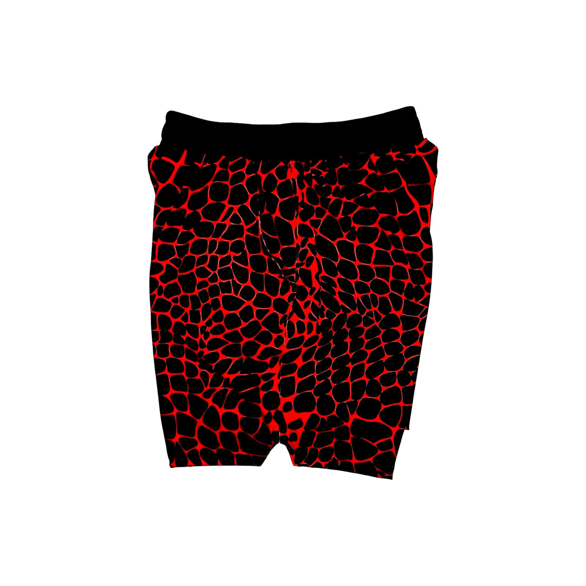 Red and black gator/zombie patterned shorts on a white background