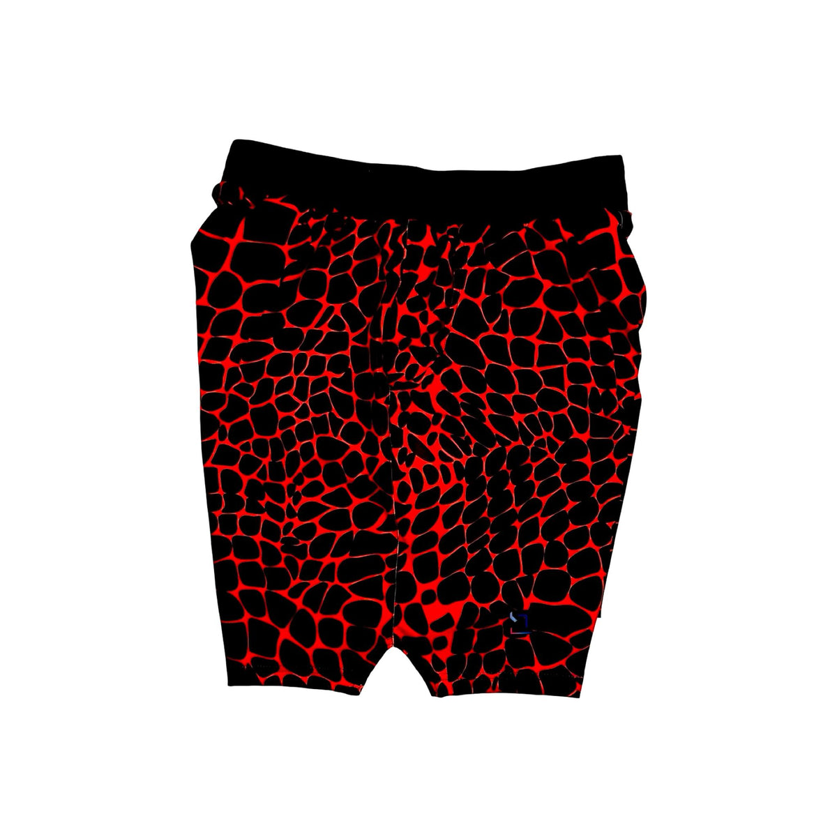 Red and black gator/zombie patterned shorts on a white background