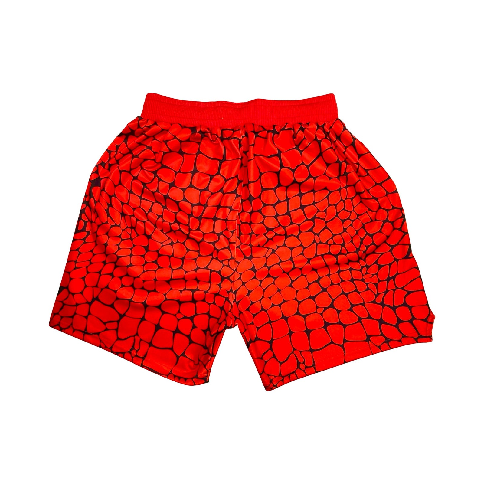 Red shorts with black gator/zombie pattern on a white background