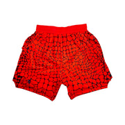 Red shorts with black gator/zombie pattern on a white background