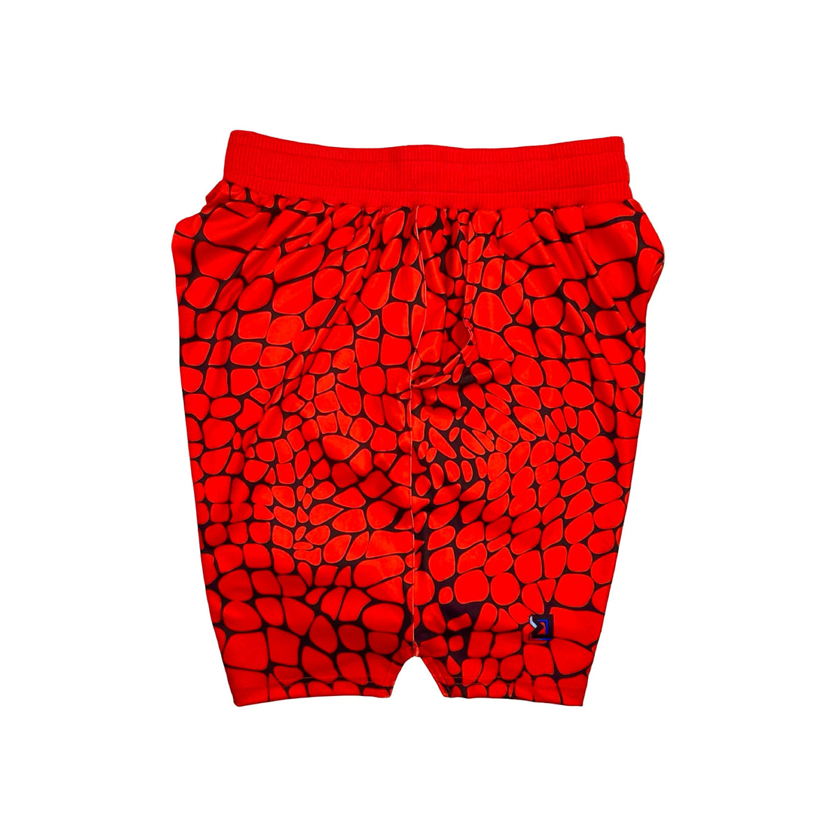 Red shorts with black gator/zombie pattern on a white background