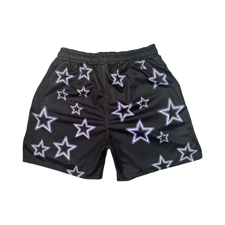 Black shorts with white star patterns on a black background