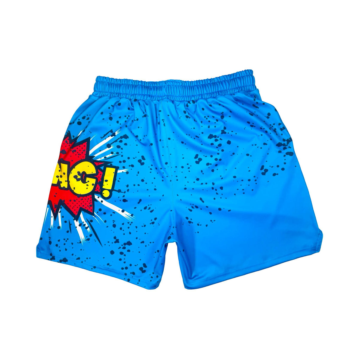 Blue dry fit shorts with a 'BANG!' graphic and black speckles