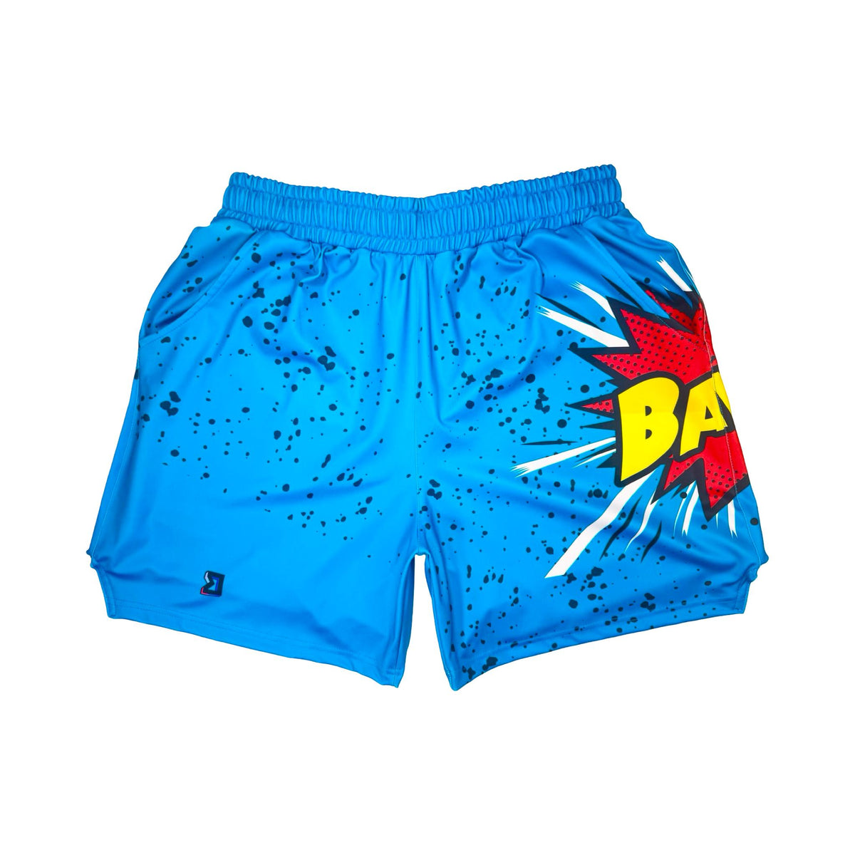 Blue dry fit shorts with a 'BANG!' graphic and black speckles