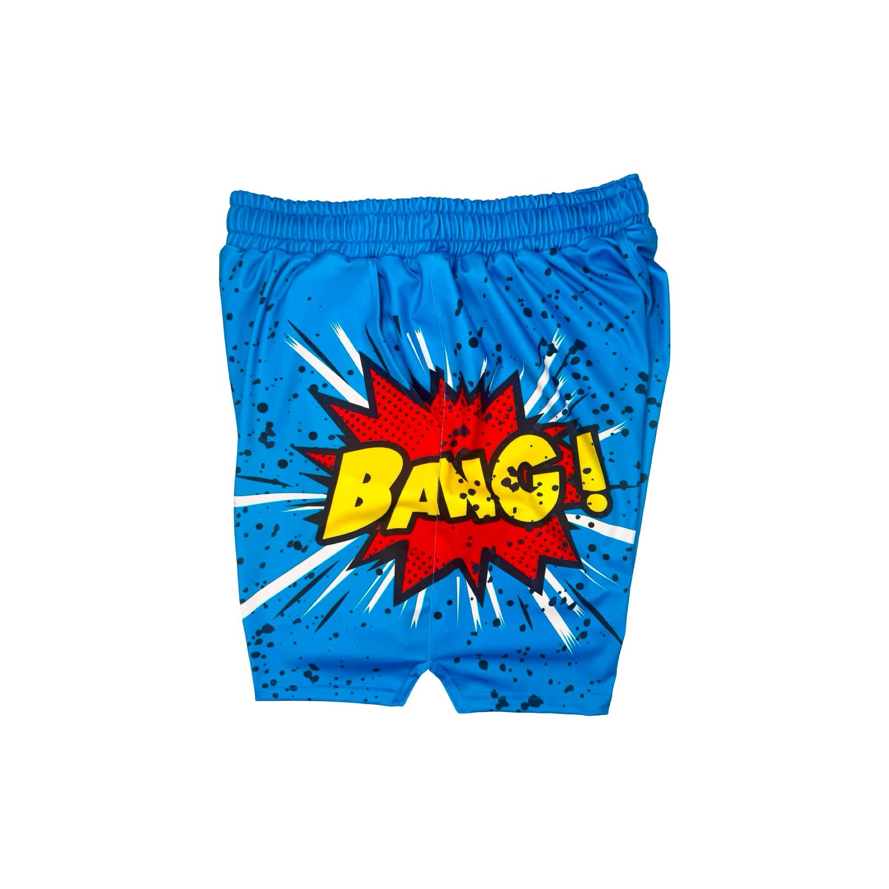Blue dry fit shorts with a 'BANG!' graphic and black speckles