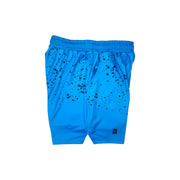 Blue dry fit shorts with a 'BANG!' graphic and black speckles