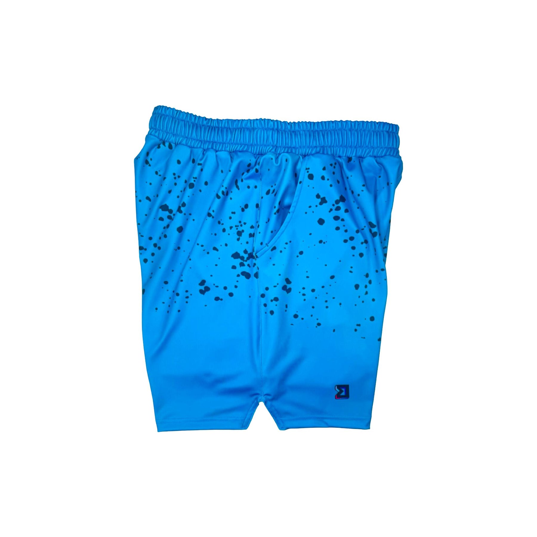 Blue dry fit shorts with a 'BANG!' graphic and black speckles