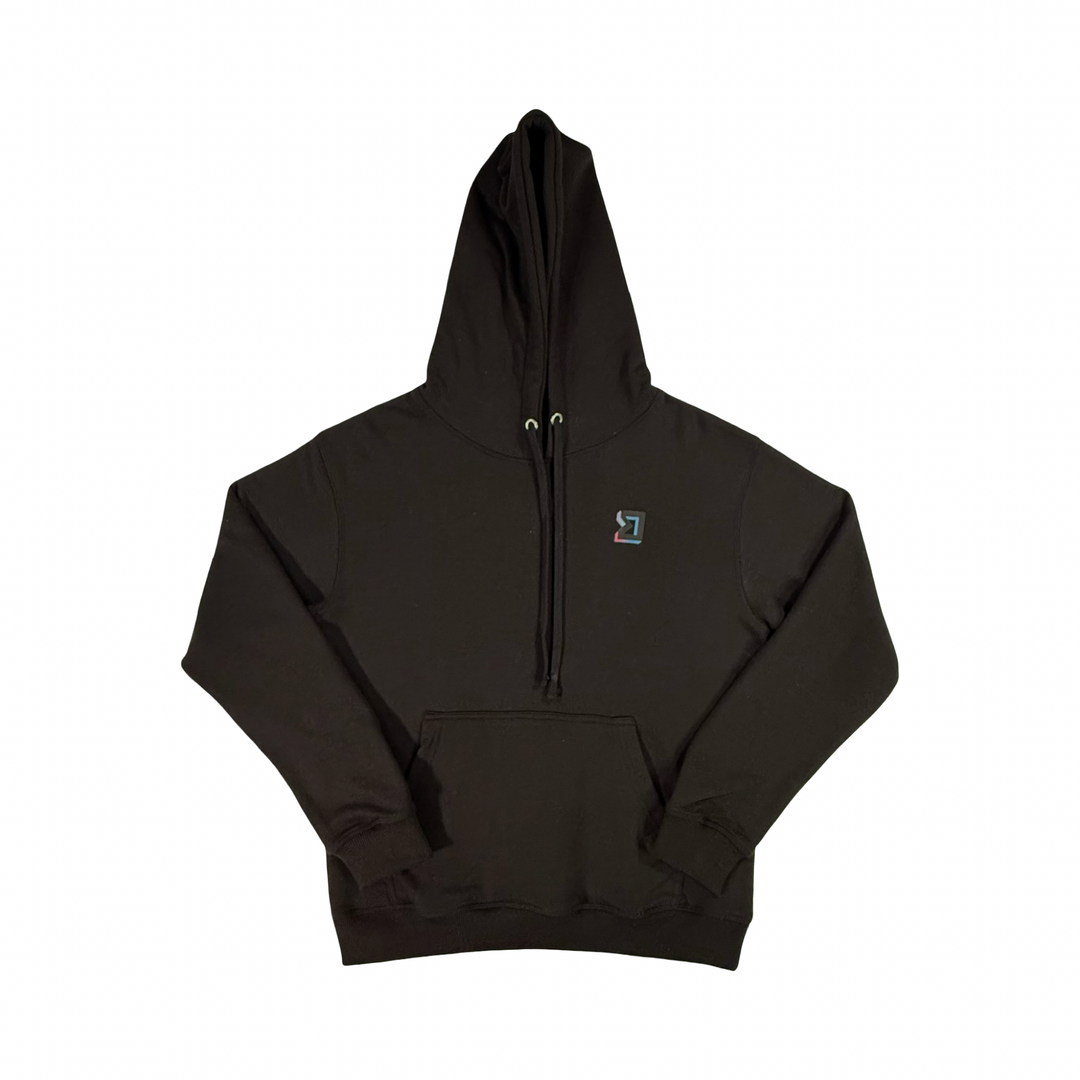 Black hoodie with a small logo on a white background