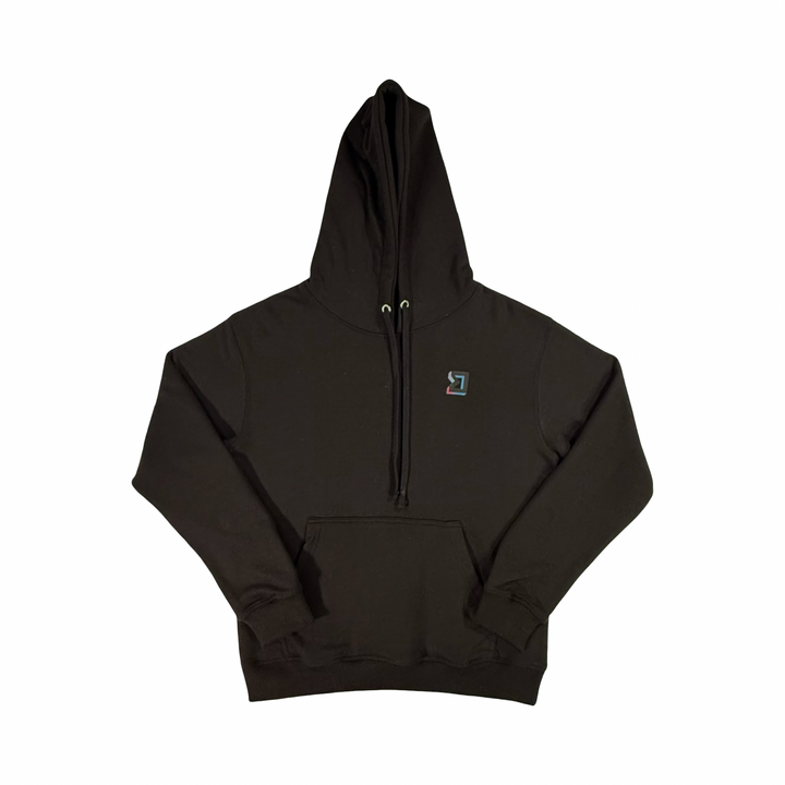 Black hoodie with a small logo on a white background
