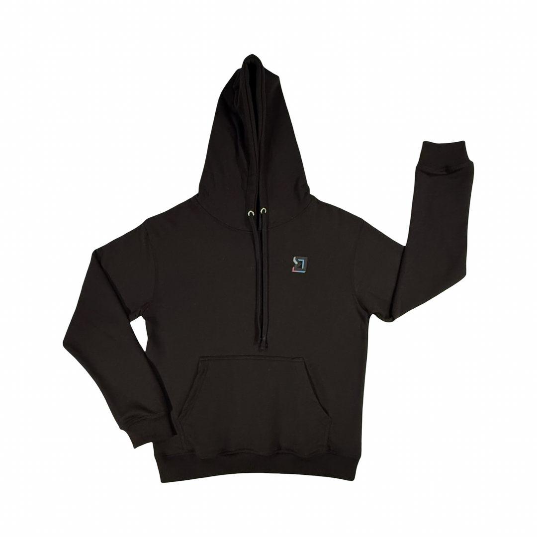 Black hoodie with a small logo on the chest against a white background