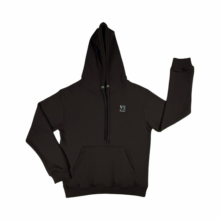 Black hoodie with a small logo on the chest against a white background