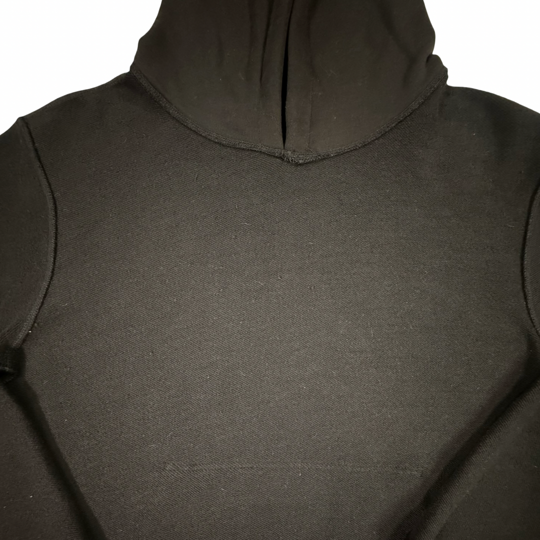 Dark gray hooded garment on a mannequin with a white background