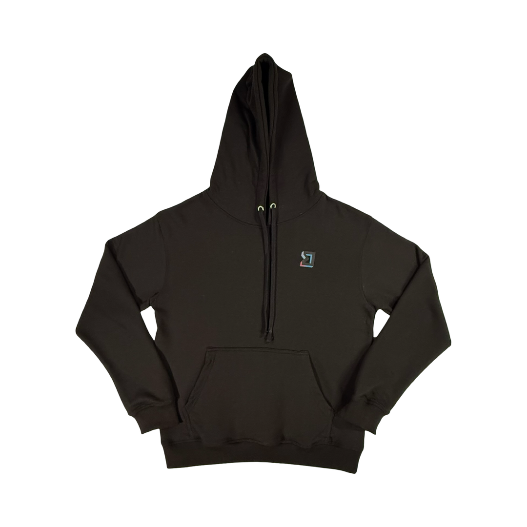 Black hoodie with a small logo on a white background