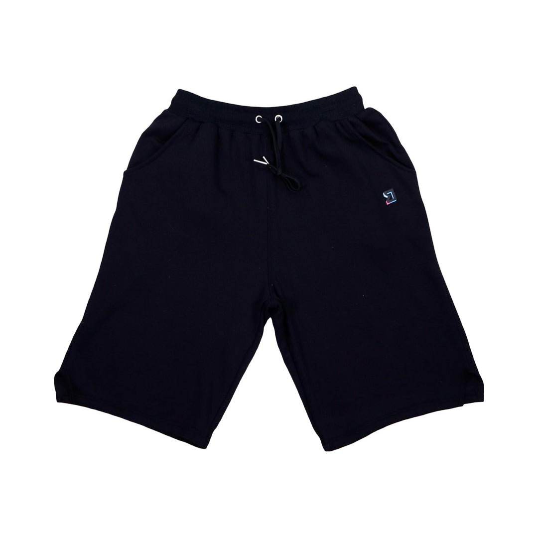 Black loopback jogger shorts with a logo on a white background