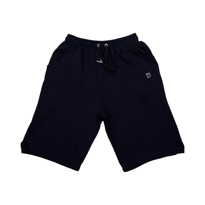 Black loopback jogger shorts with a logo on a white background