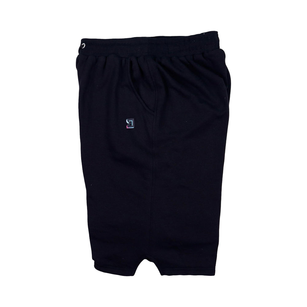 Black loopback jogger shorts with a small logo on a white background