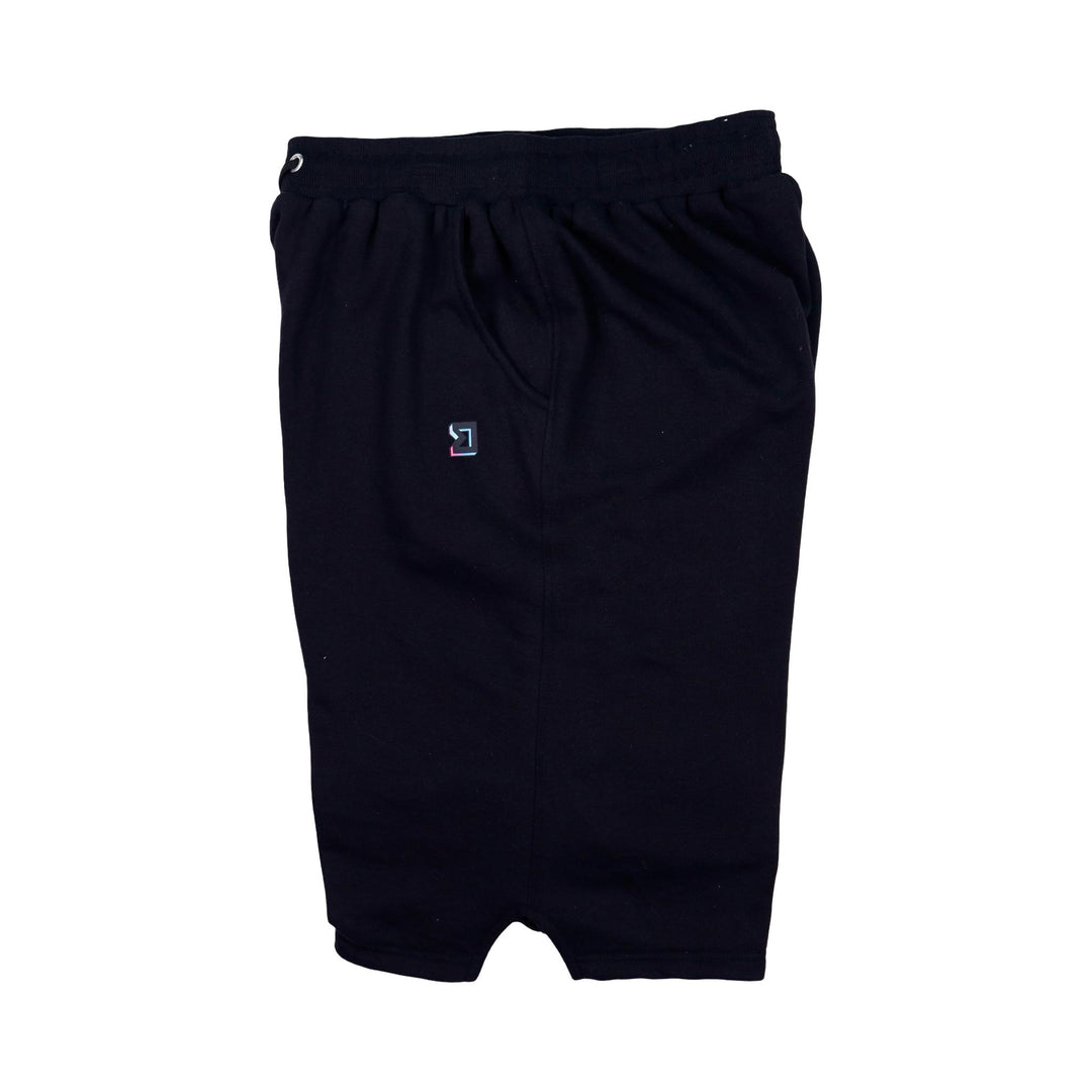 Black loopback jogger shorts with a small logo on a white background