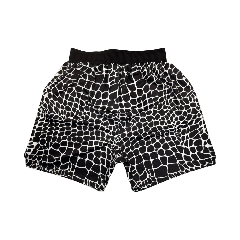 Black and white gator zombie patterned shorts with pro 2 inch waistband on a white background