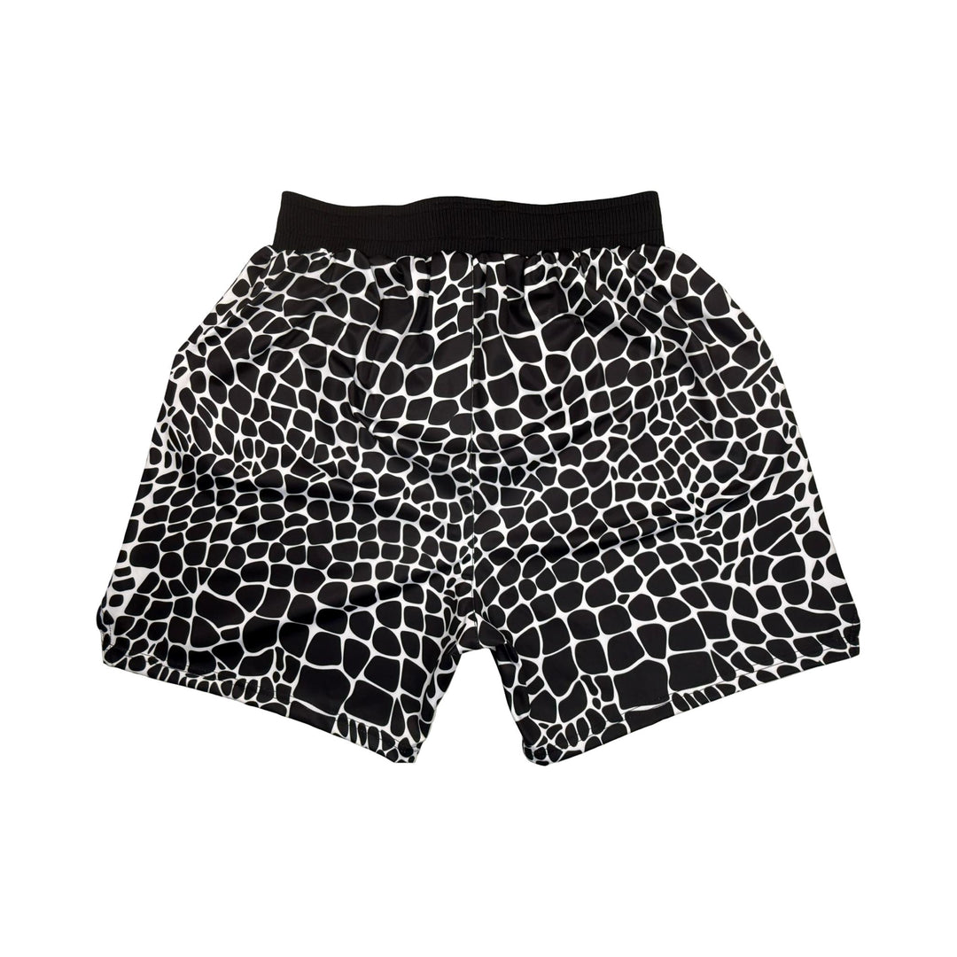 Black and white gator zombie patterned shorts with pro 2 inch waistband on a white background