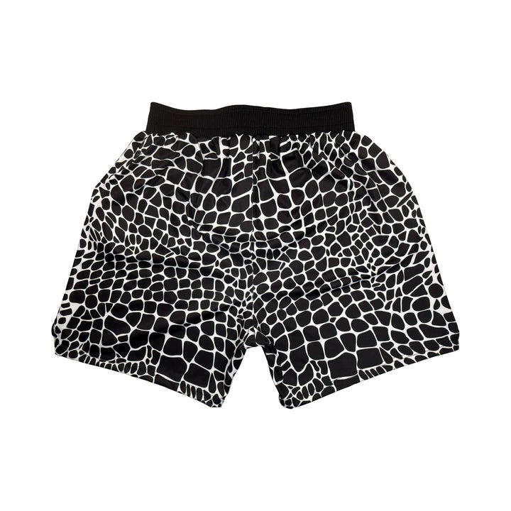 Black and white gator zombie patterned shorts with pro 2 inch waistband on a white background