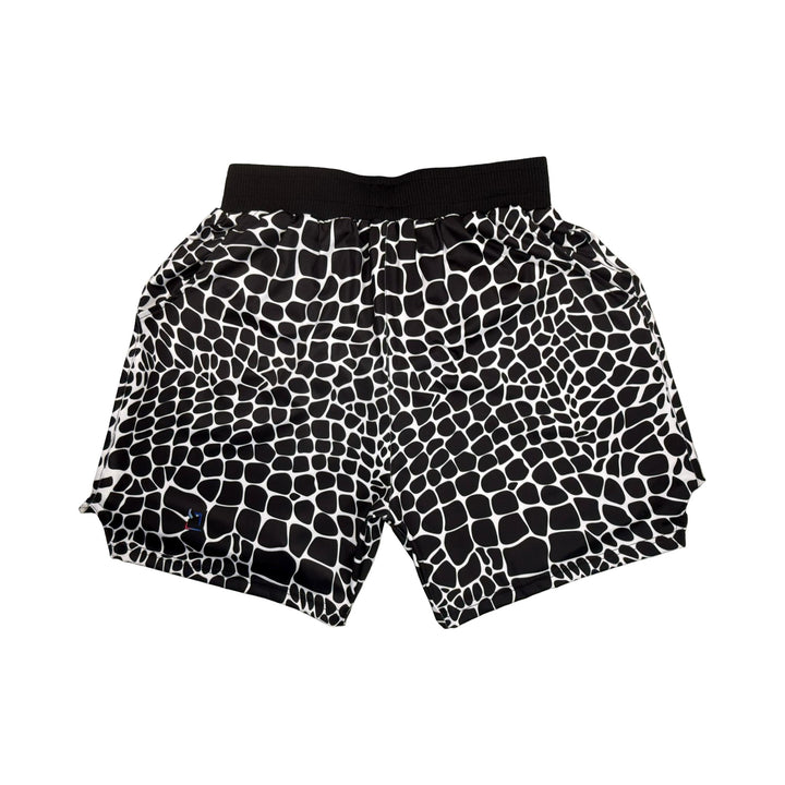 Black and white gator zombie patterned shorts with pro 2 inch waistband on a white background
