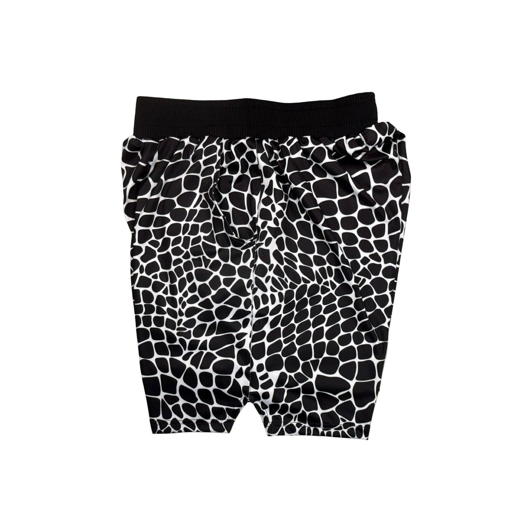 Black and white gator zombie patterned shorts with pro 2 inch waistband on a white background