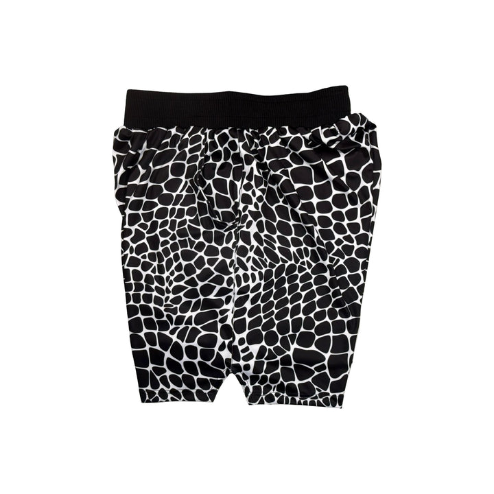 Black and white gator zombie patterned shorts with pro 2 inch waistband on a white background