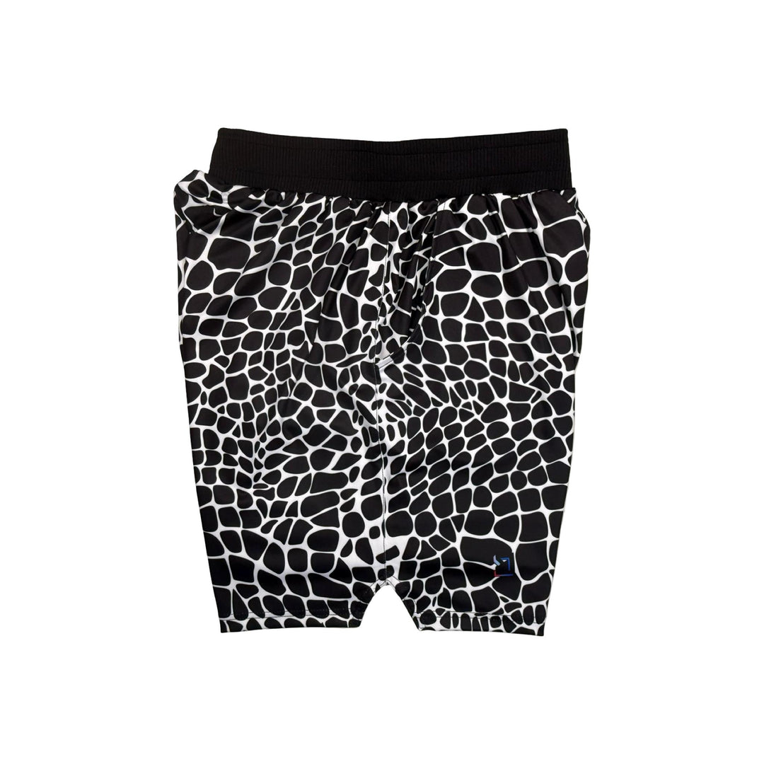Black and white gator zombie patterned shorts with pro 2 inch waistband on a white background