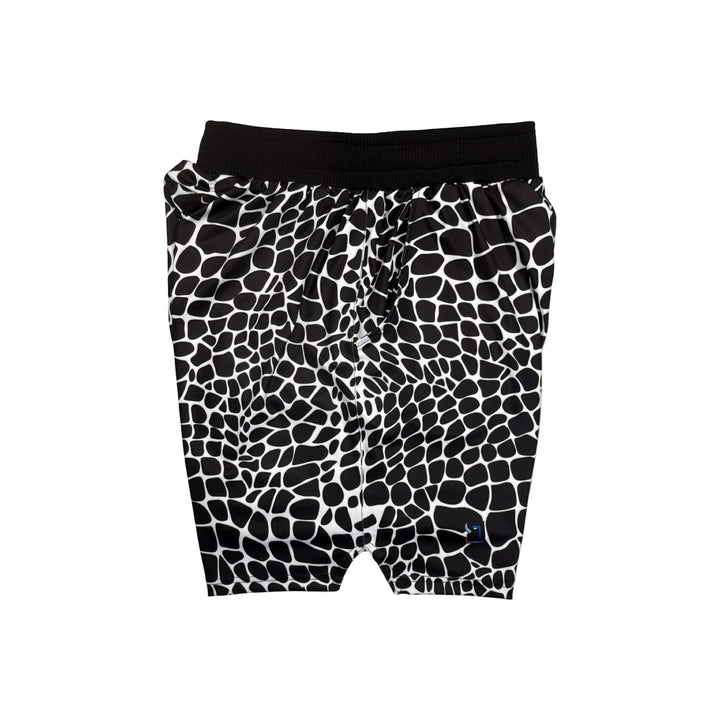 Black and white gator zombie patterned shorts with pro 2 inch waistband on a white background