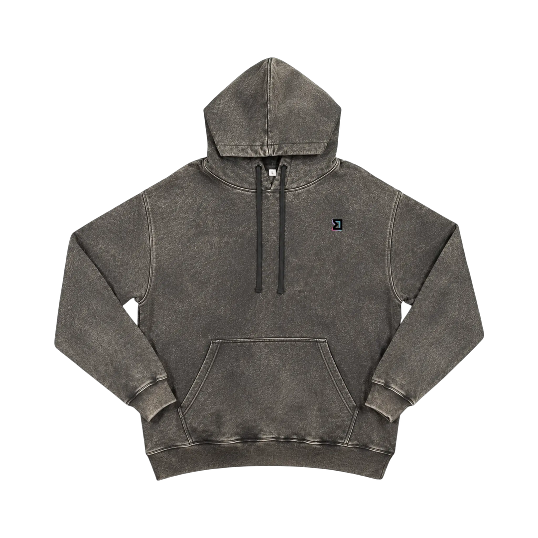 TRAPN™ Carbon OFF COURT™ 390 GSM heavyweight Loopback Terry™ hoodie with washed dark grey finish, kangaroo pocket, relaxed fit and minimal chest logo.