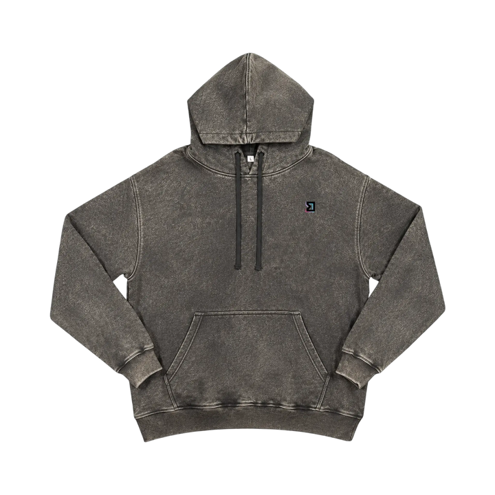 TRAPN™ Carbon OFF COURT™ 390 GSM heavyweight Loopback Terry™ hoodie with washed dark grey finish, kangaroo pocket, relaxed fit and minimal chest logo.